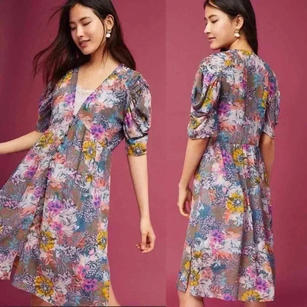 Anthropologie Akemi+Kin Valencia Sheer Multicolor Floral Boho Ruched Sleeves XS